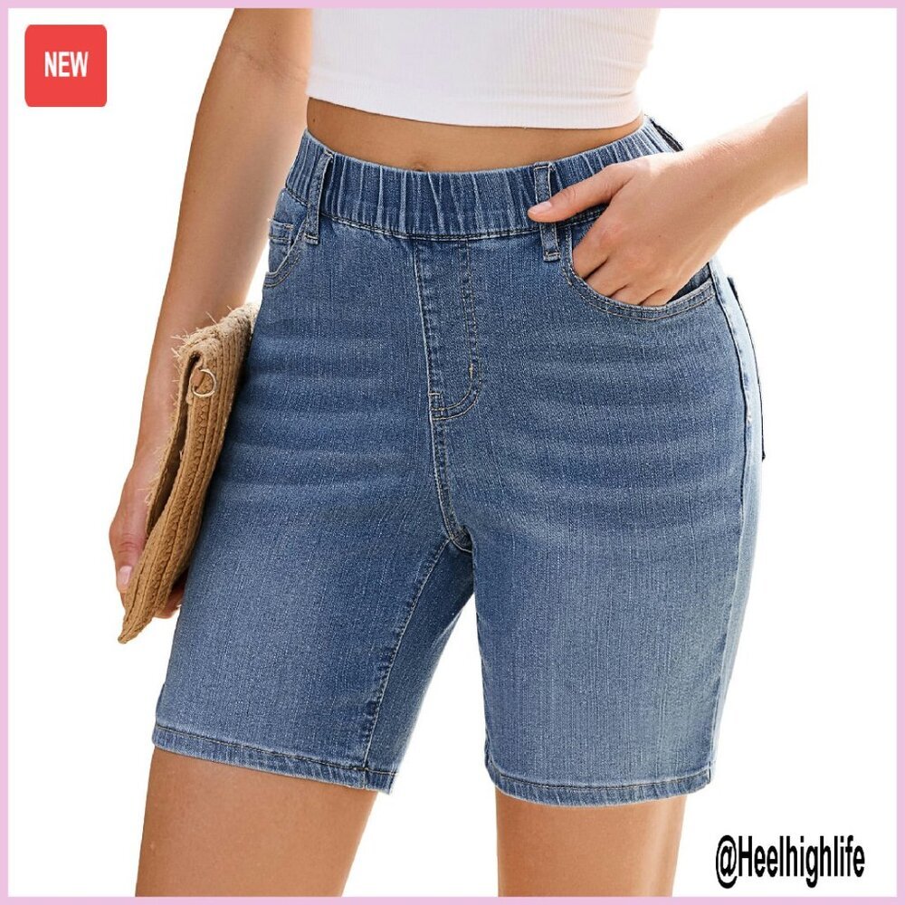 Stretch Denim Shorts Pull-On Elastic Waist 7-Inch Inseam Women's